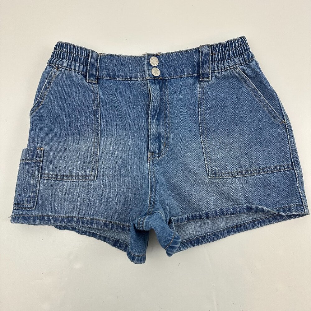 Vanilla Star Elastic Waist Snap Button Women's size 9‎ Blue Denim Jean Shorts